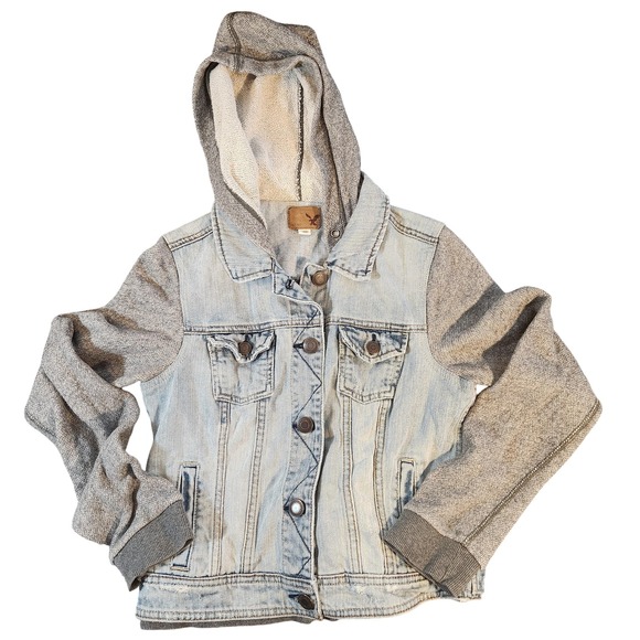 American Eagle Jacket Womens Medium Blue Denim Gray Hooded Sweatshirt 1977 - Picture 1 of 7